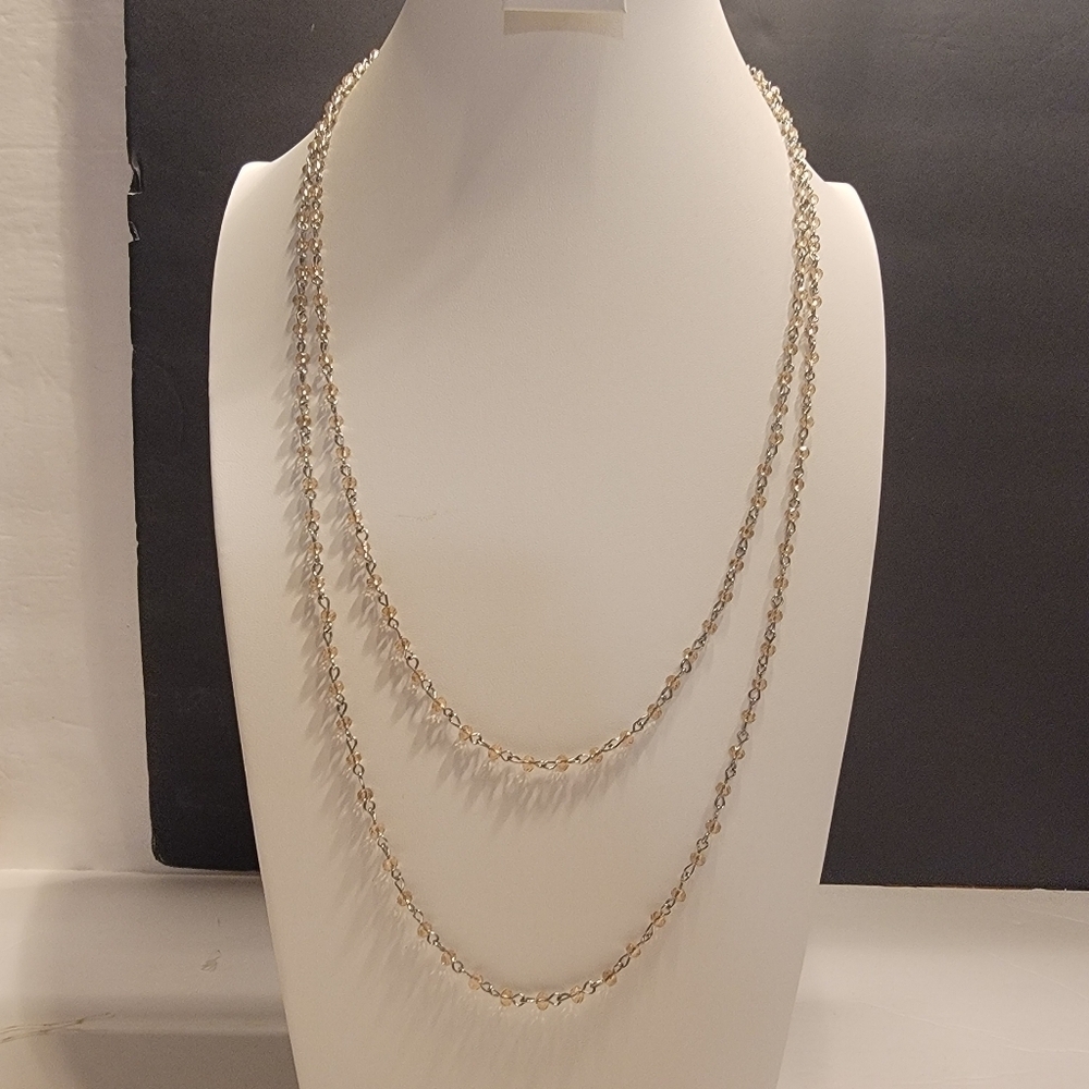 Silvertone and Champagne Acrylic Bead Necklace Ultra Long